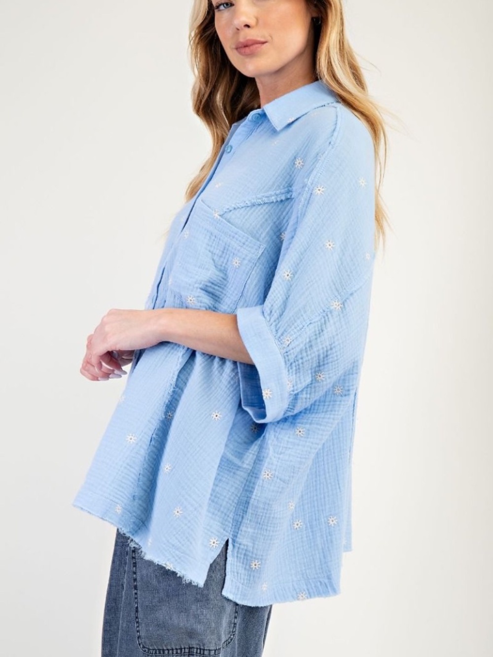 Easel Sky Blue Floral Embroidered Loose Fit Button Down Shirt - Picture 6 of 6